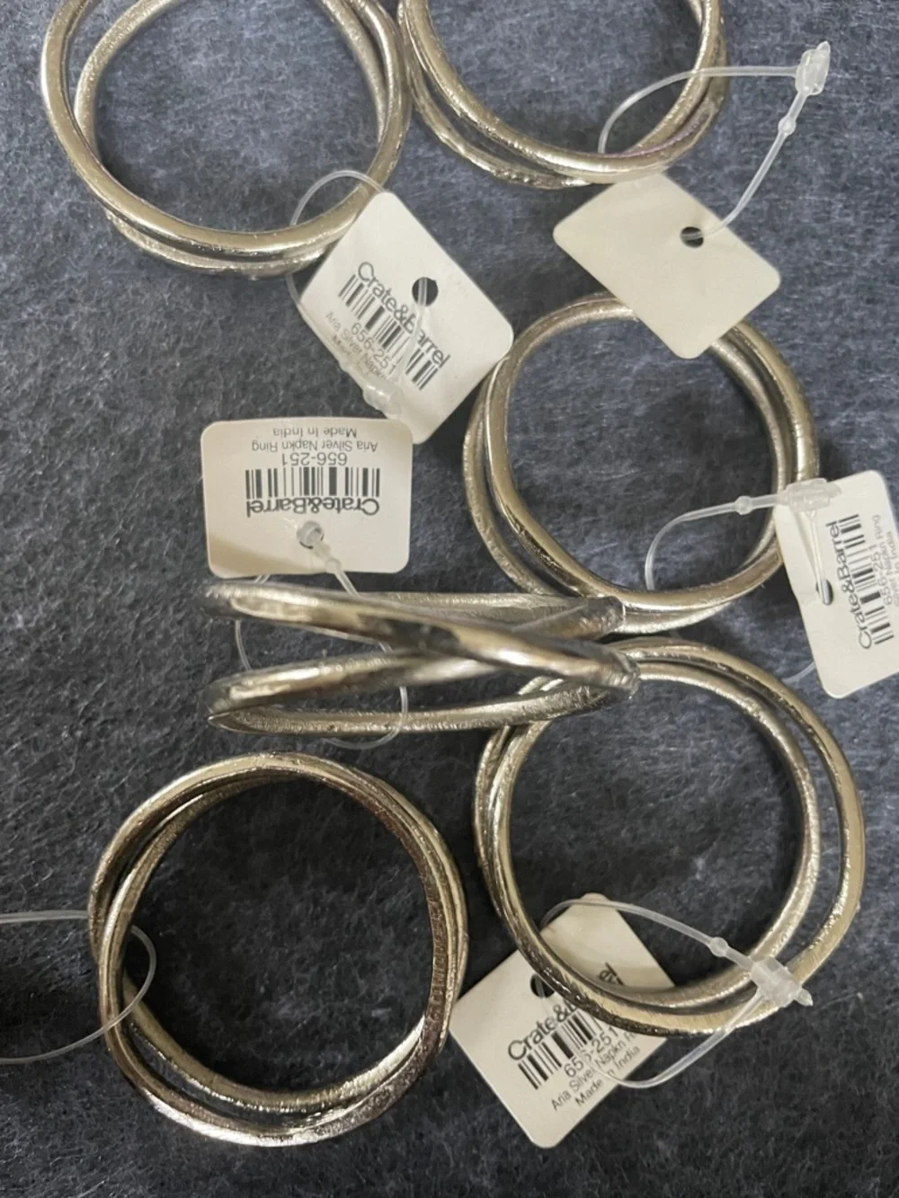 Crate and Barrel Set of 8 Metallic Napkin Rings - Silver Tone NWT